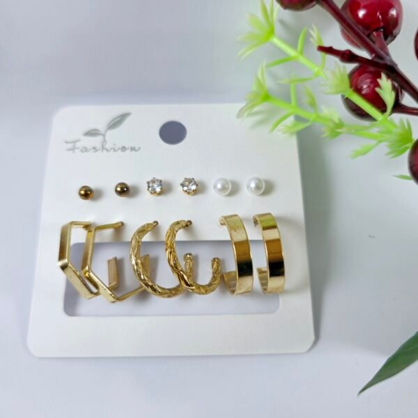 Stylish Gold-Tone Earring Set – 6 Pairs of Studs & Hoops for Every Occasion (j3)