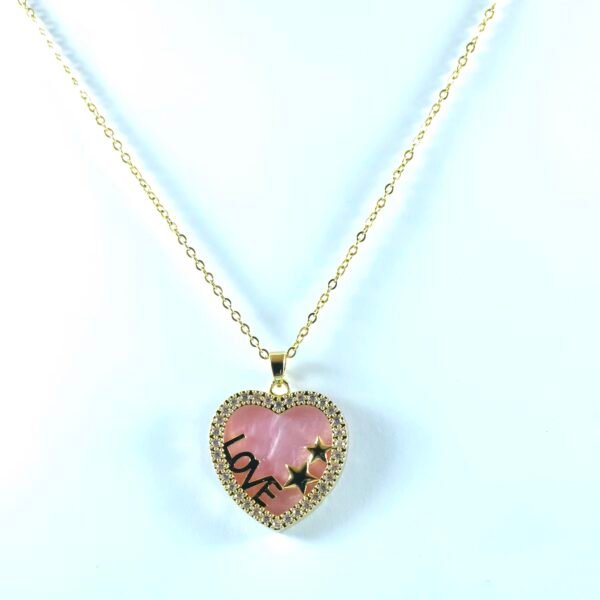 Stainless Steel Gold Pendant Necklace with Pink Stone & Love Inscription