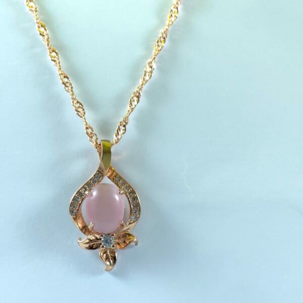 Elegant Rose Quartz & Zircon Pendant Necklace – Stainless Steel Chain